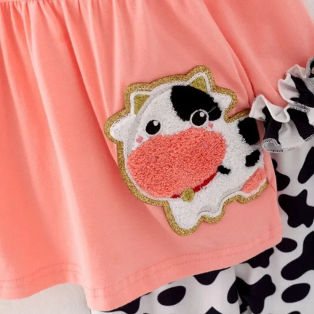 Boutique Cow Chenille Patch Tunic & Ruffle Leggings Girls Outfit Set